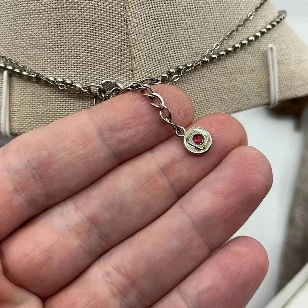 ELLE Sterling Silver Double Strand Amazonite Drop Necklace Created Ruby 16-18in - Picture 6 of 17